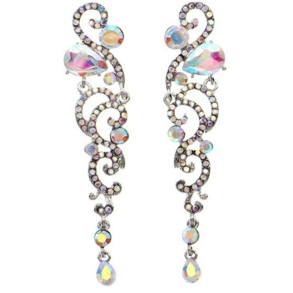 Silver Crystal AB Rhinestone Dangle Drop Statement Wedding Bridal Prom Earrings